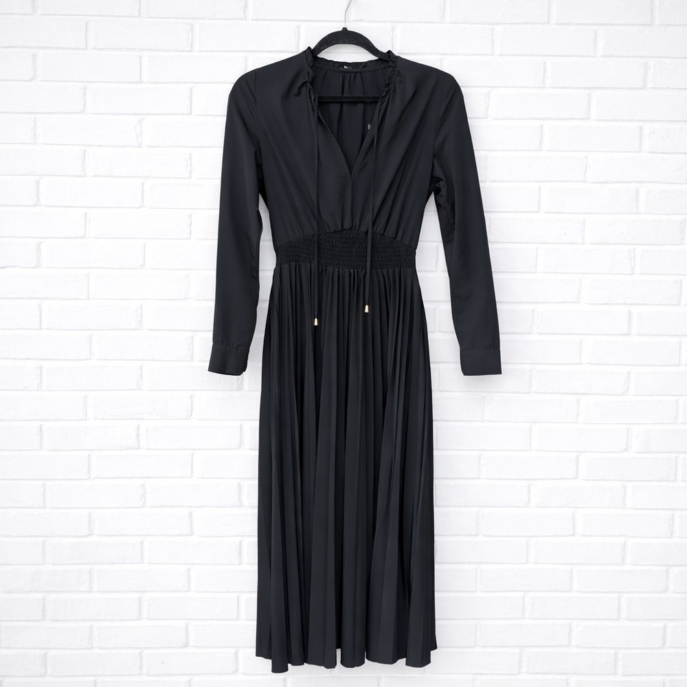 Zara Dress Black Pleated Pomplin Midi Dress Long Sleeve Ruffled Neck Whimsygoth